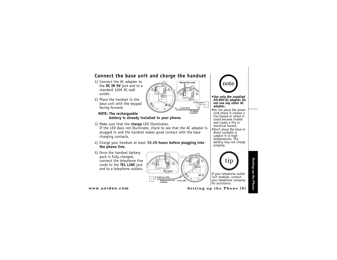 Uniden DMX 776 owner manual Connect the base unit and charge the handset 