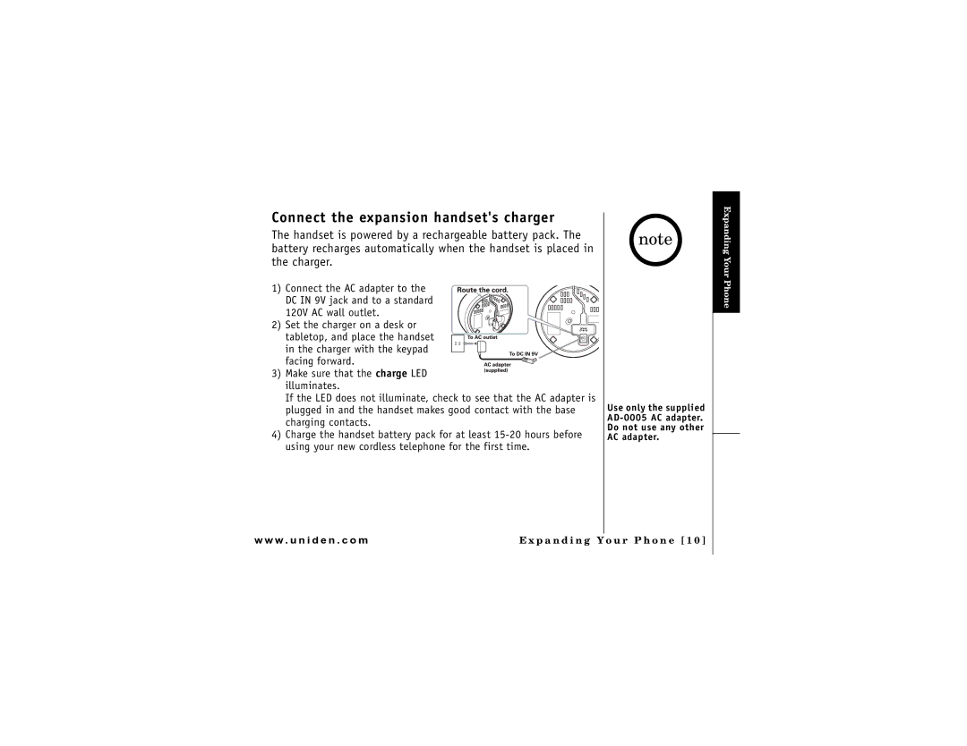 Uniden DMX 778 Series owner manual Connect the expansion handsets charger 