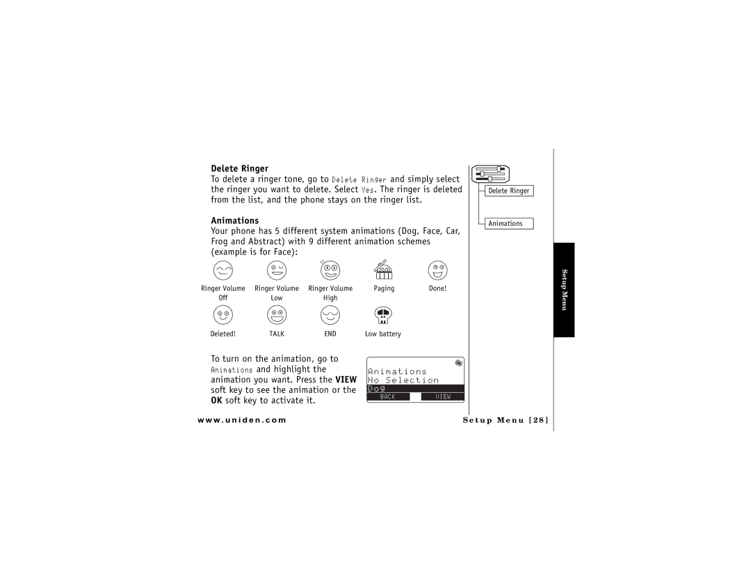 Uniden DMX 778 Series owner manual Delete Ringer, Animations 