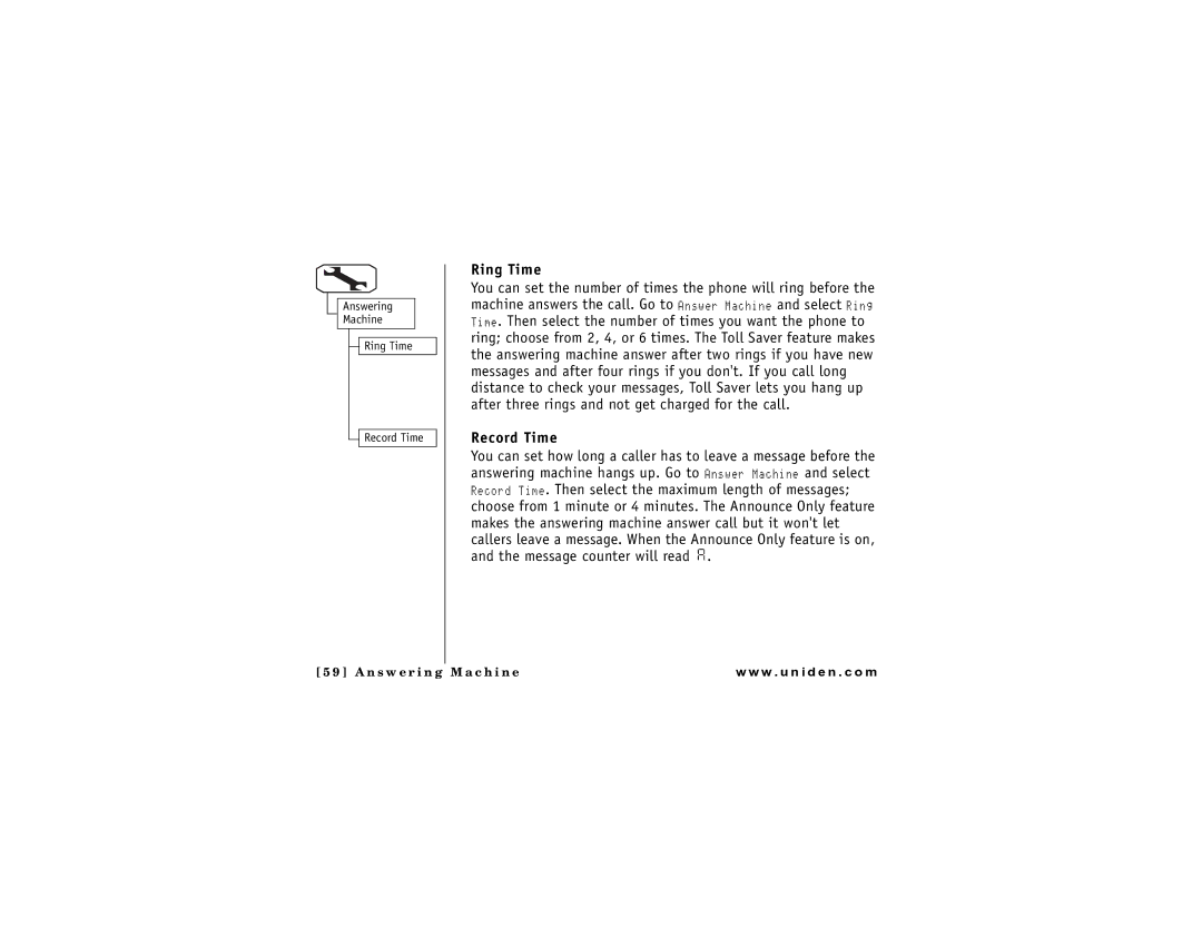 Uniden DMX 778 Series owner manual Ring Time, Record Time 