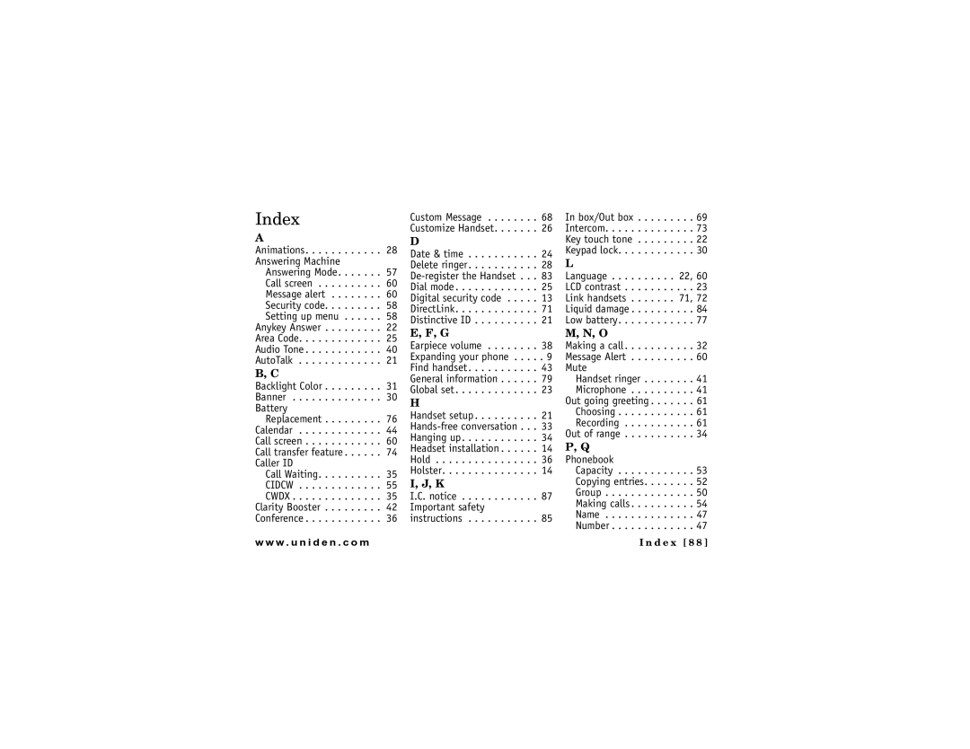 Uniden DMX 778 Series owner manual Index 