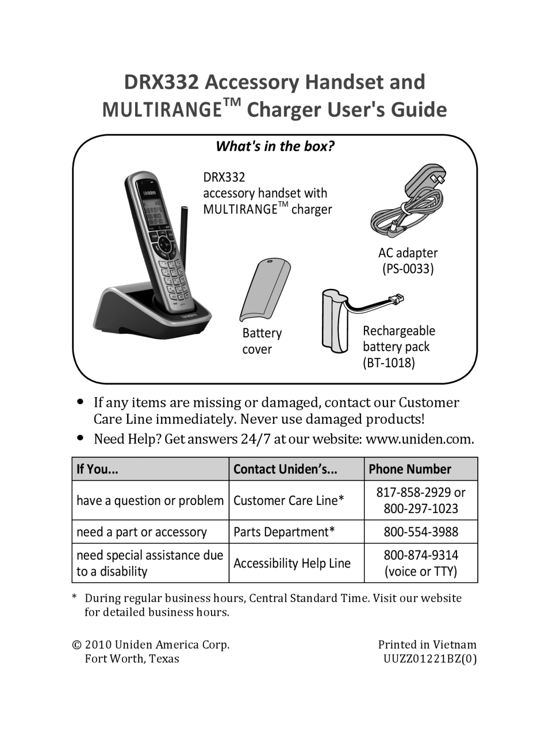 Uniden manual DRX332 Accessory Handset Multirangetm Charger Users Guide, Whats in the box? 