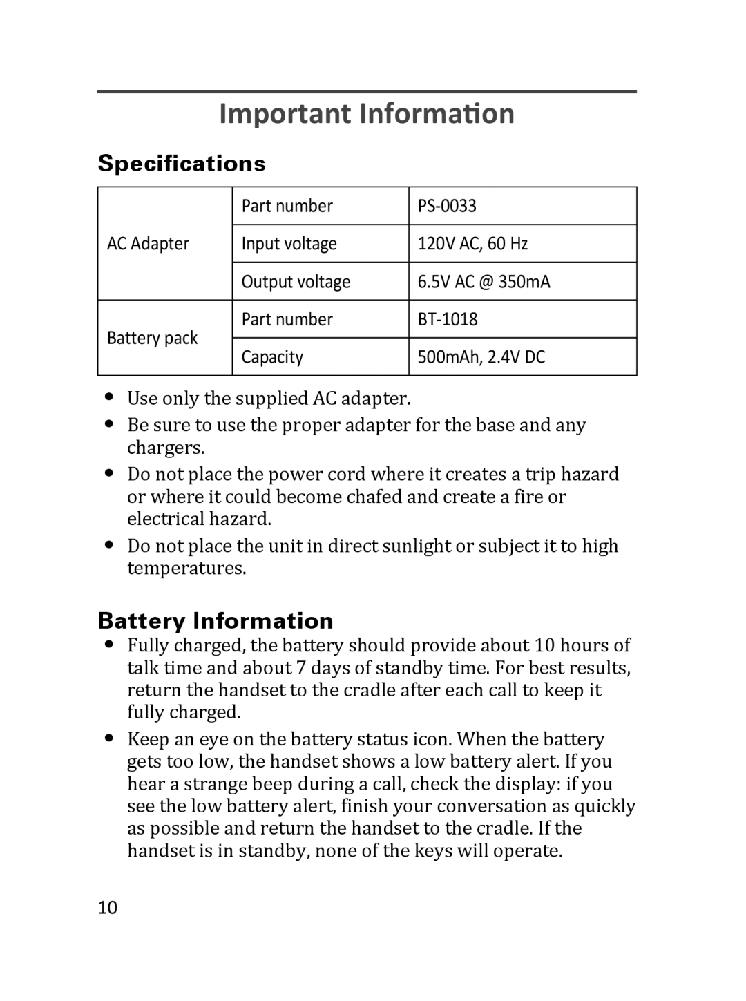 Uniden DRX332 manual Important Information, Speciﬁcations, Battery Information 