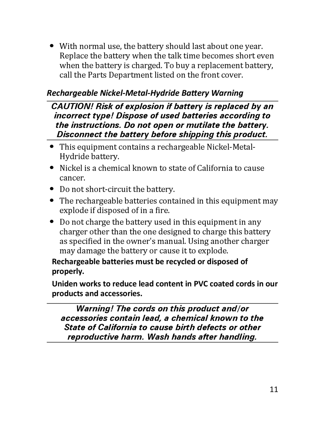 Uniden DRX332 manual Rechargeable Nickel-Metal-Hydride Battery Warning 