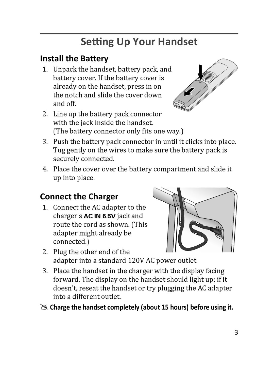 Uniden DRX332 manual Setting Up Your Handset, Install the Battery, Connect the Charger 