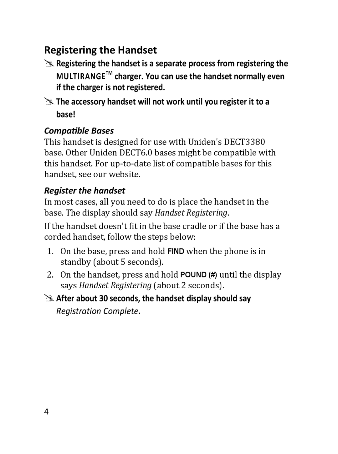 Uniden DRX332 manual Registering the Handset, Compatible Bases, Register the handset 