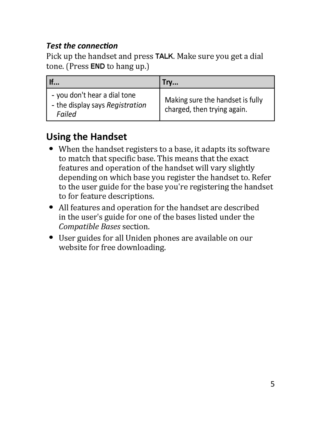 Uniden DRX332 manual Using the Handset, Test the connection, Try 