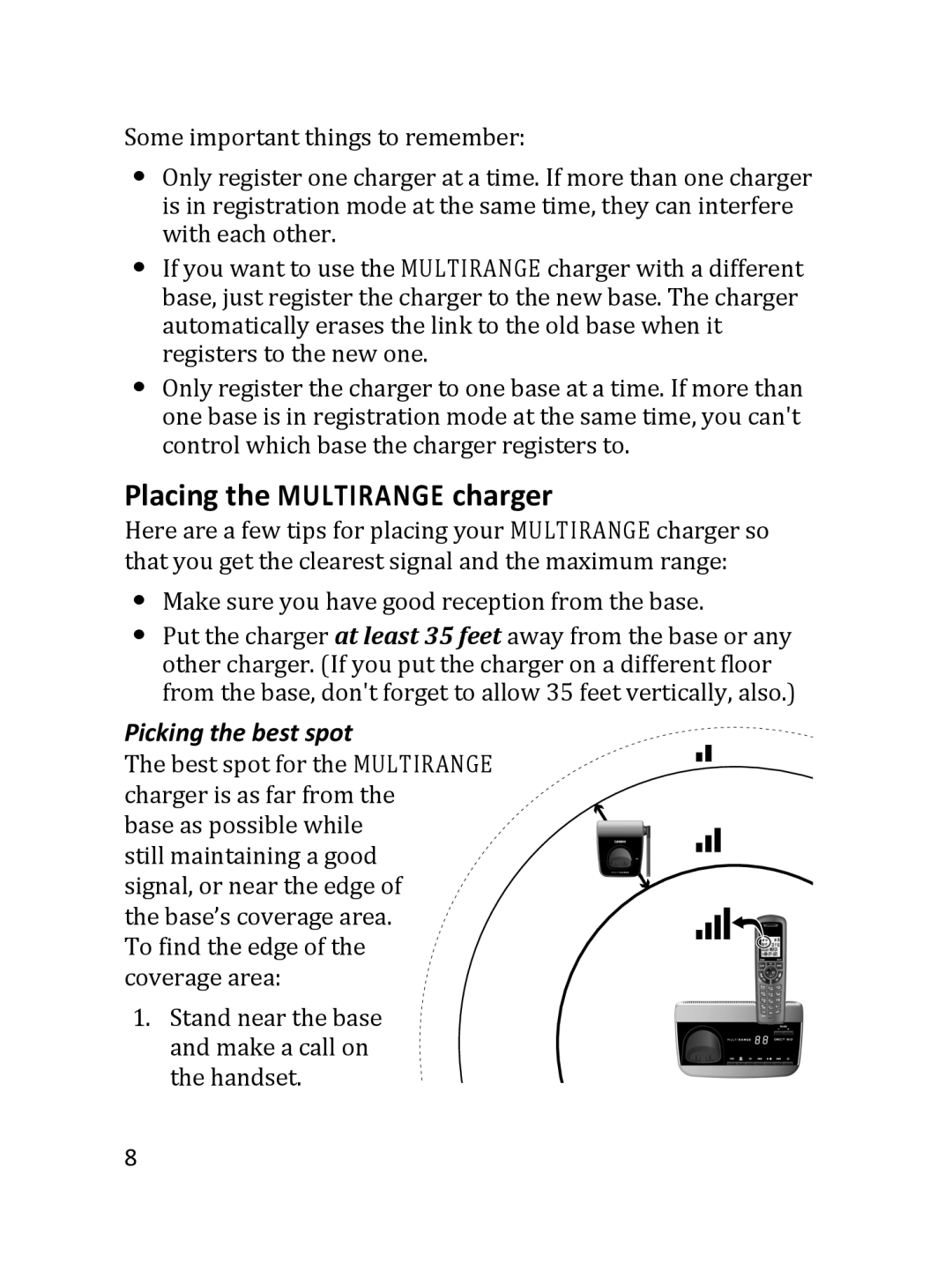 Uniden DRX332 manual Placing the Multirange charger, Picking the best spot 