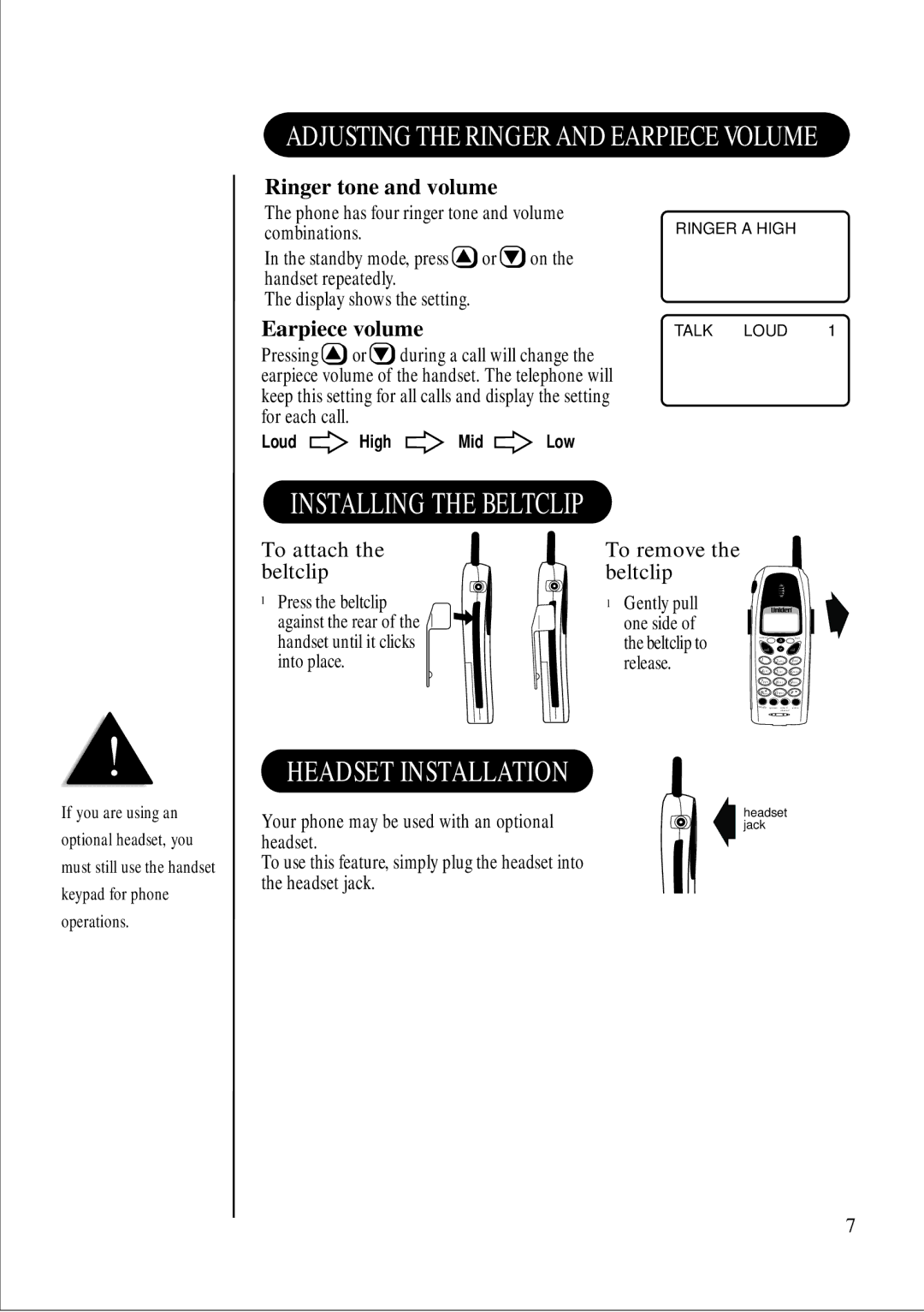 Uniden DS 805 quick start Headset Installation, Ringer tone and volume, Earpiece volume, Gently pull 