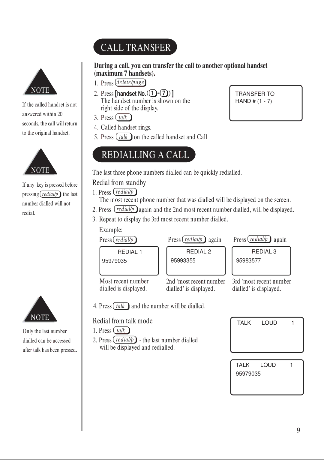 Uniden DS 805 quick start Call Transfer, Redialling a Call, Redial from talk mode 