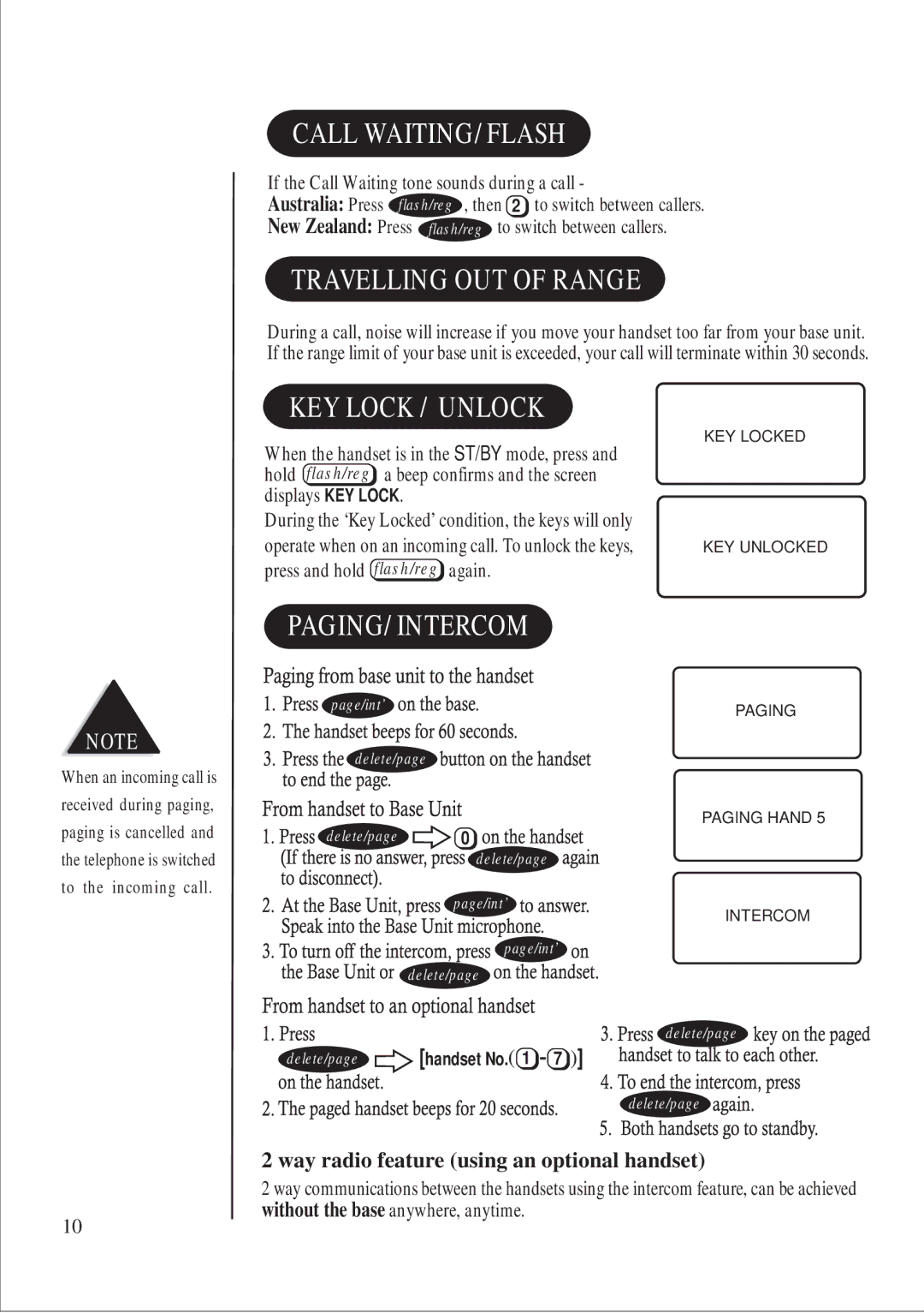 Uniden DS 805 quick start Call WAITING/FLASH, Travelling OUT of Range, KEY Lock / Unlock, Paging/Intercom 