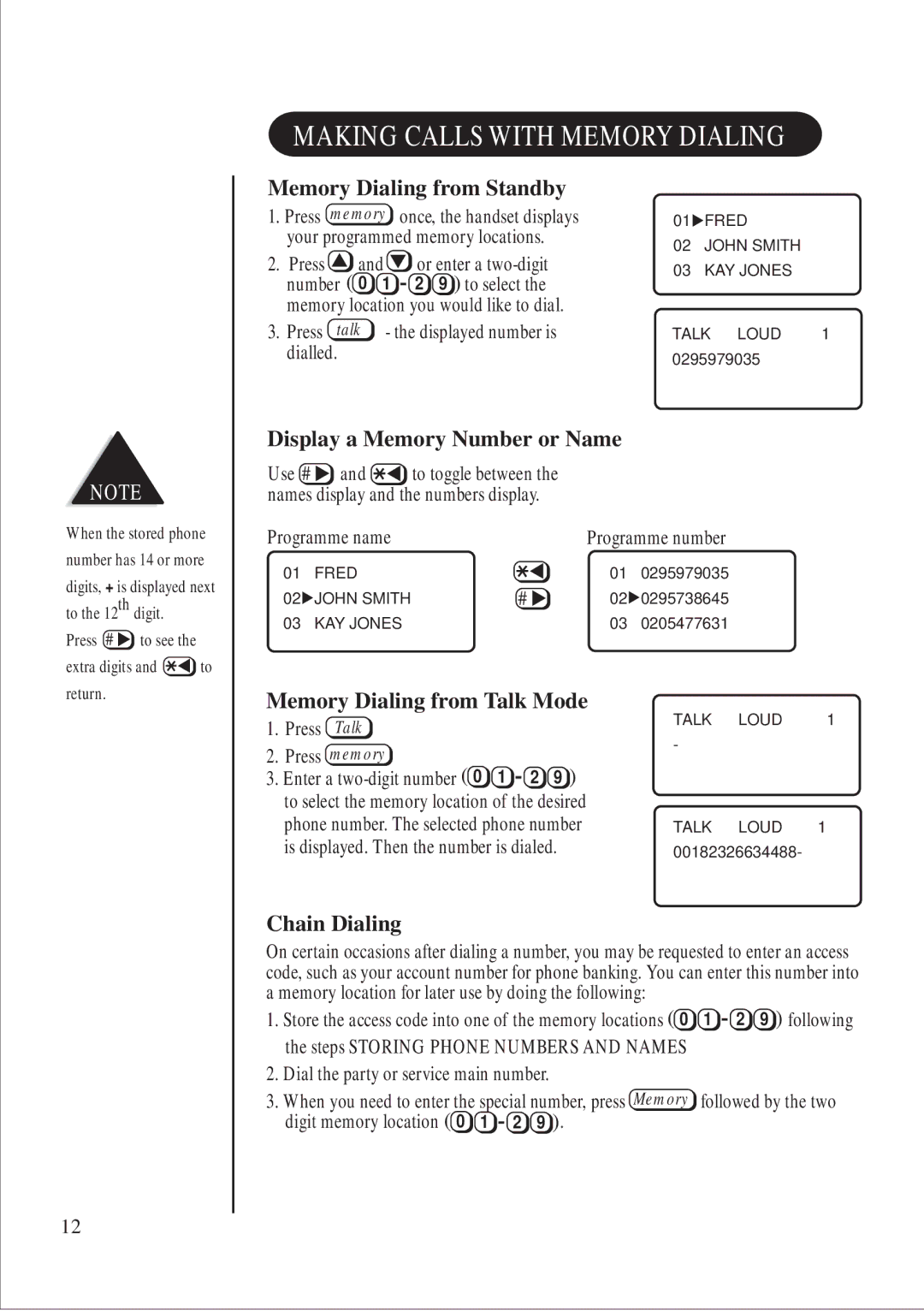 Uniden DS 805 Memory Dialing from Standby, Display a Memory Number or Name, Memory Dialing from Talk Mode, Chain Dialing 