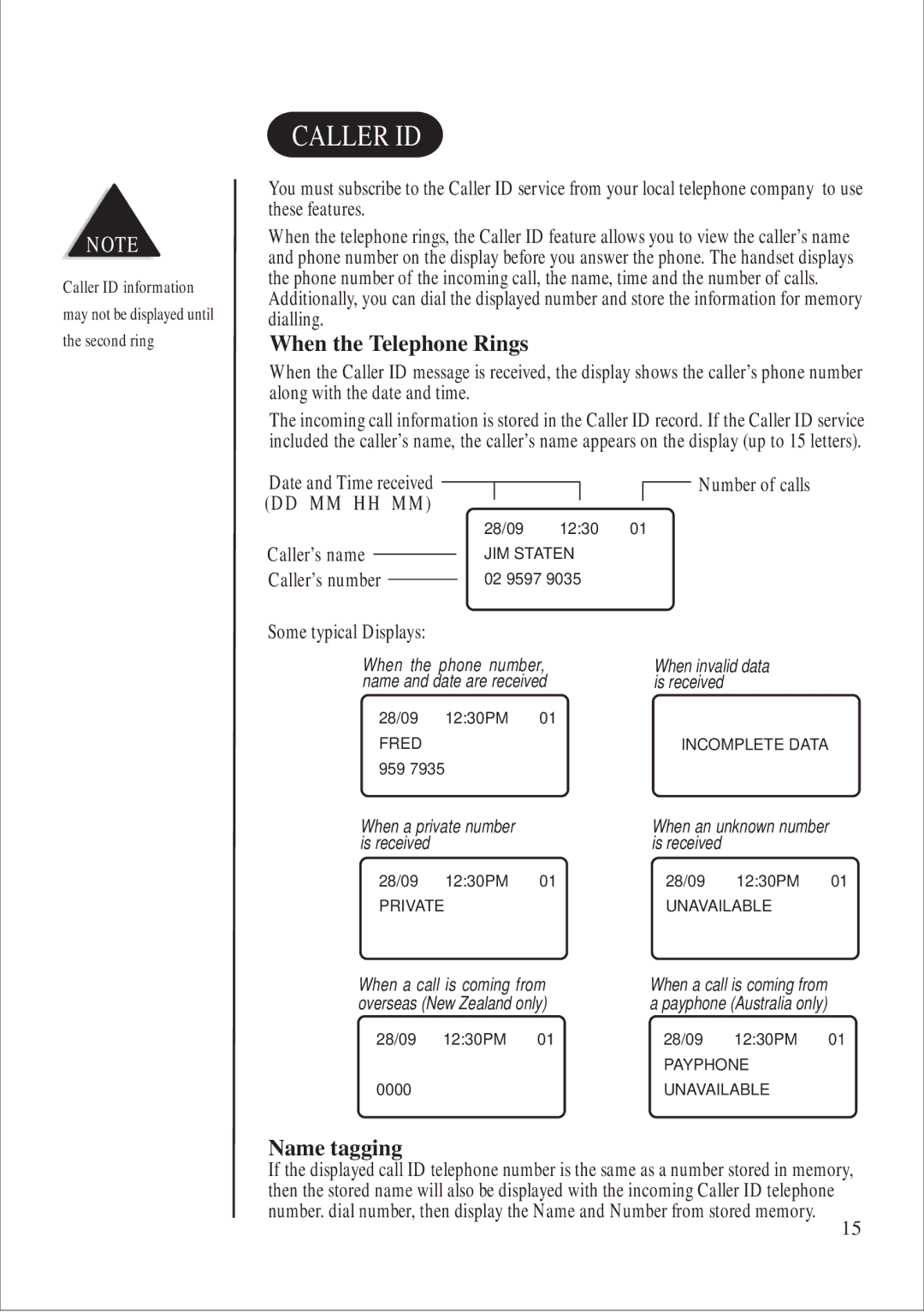 Uniden DS 805 quick start Caller ID, When the Telephone Rings, Name tagging, Caller’s name 