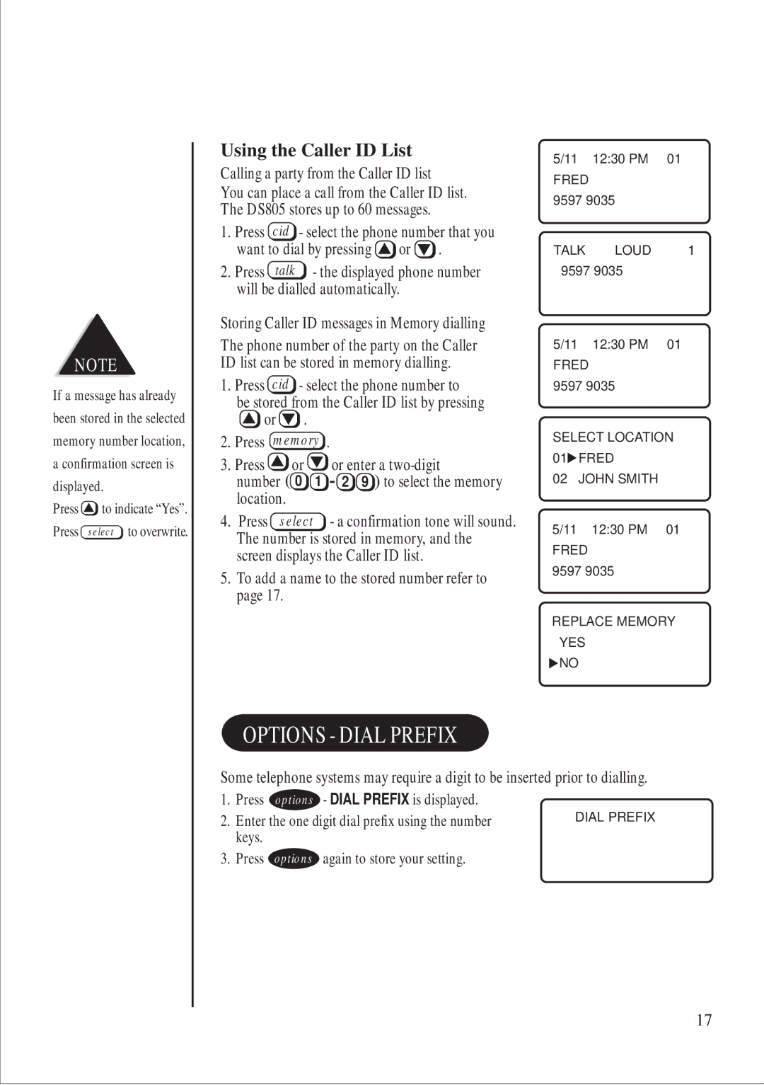 Uniden DS 805 quick start Options Dial Prefix, Using the Caller ID List, Calling a party from the Caller ID list 