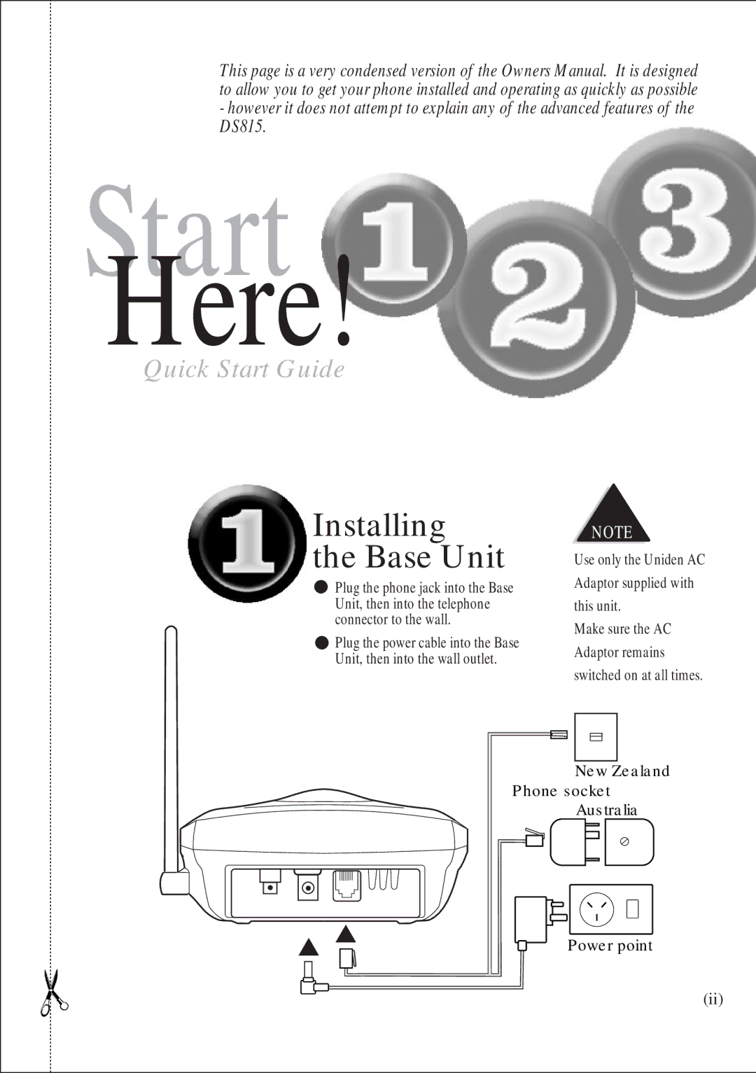 Uniden DS 815 quick start Start 