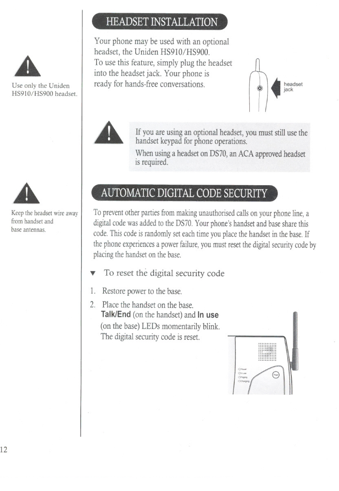 Uniden DS70 manual Headsetinstallation, Automaticdigitalcodesecurity, Talk/Endonthe handsetand In use 