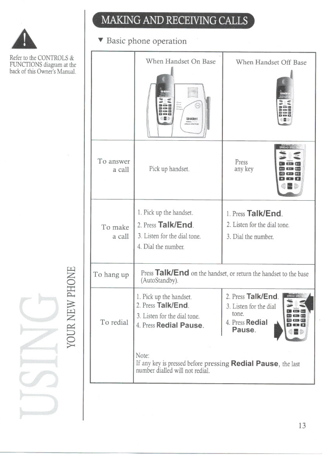 Uniden DS70 manual Making and Receiving Calls, Basic phone operation, Pause 