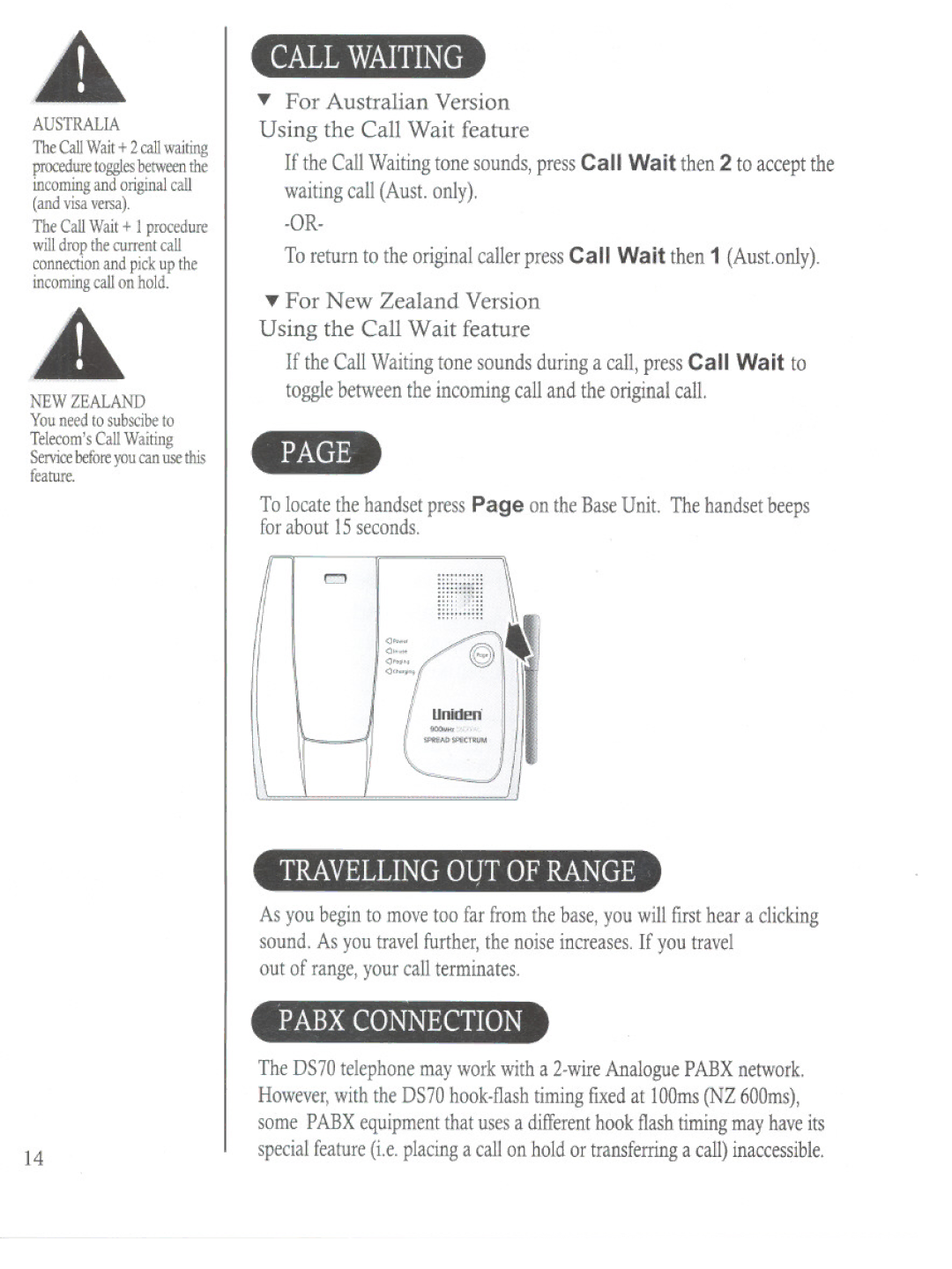 Uniden DS70 manual Callwaiting, For New Zealand Version Sing the Call Wait feature 