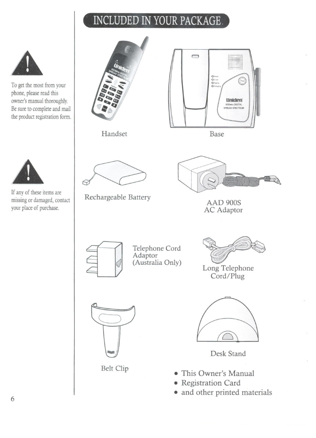 Uniden DS70 manual HandsetBase, Long Telephone Cord/Plug Desk Stand, Belt Clip 
