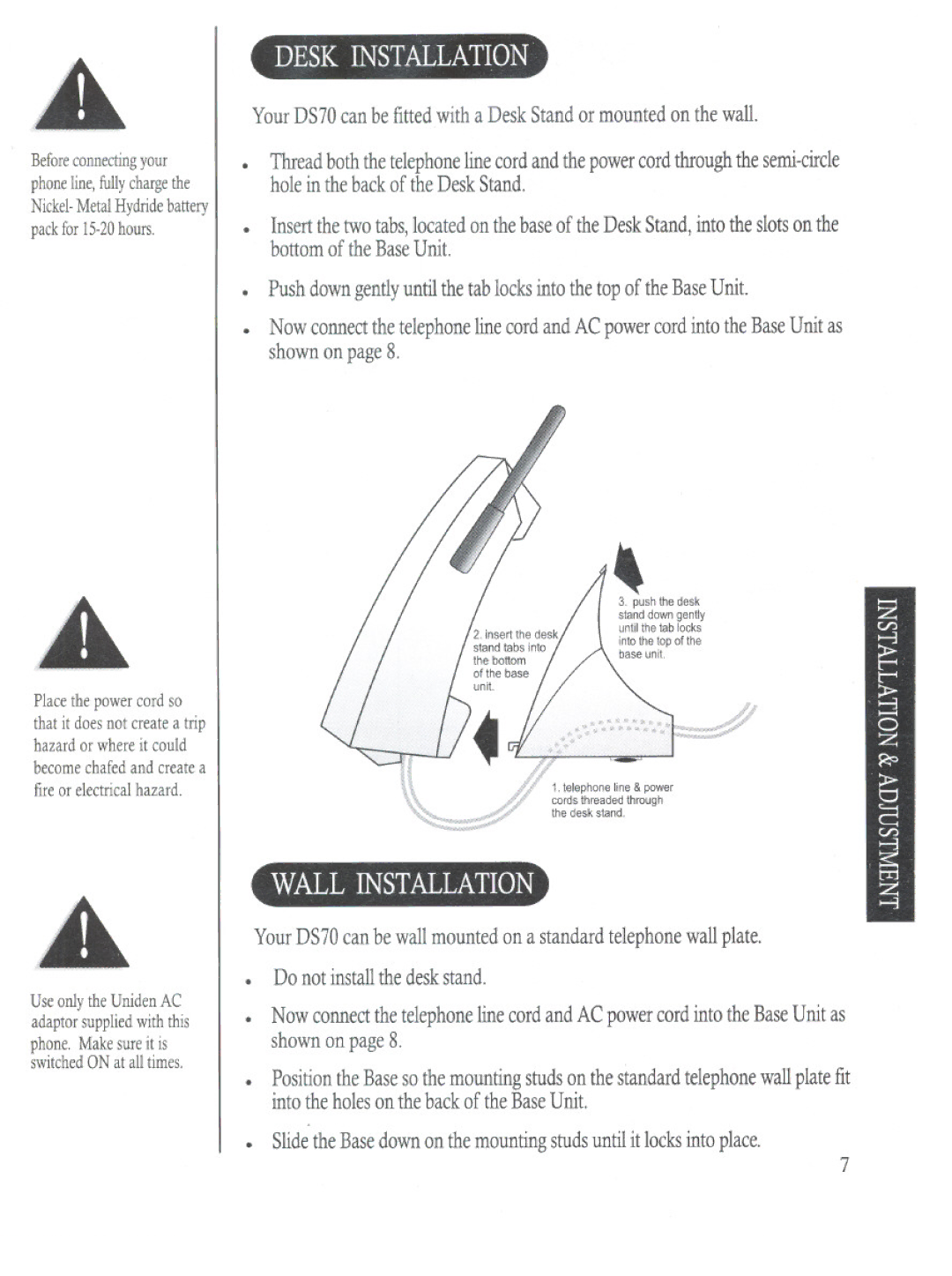 Uniden DS70 manual Wallinstallation 