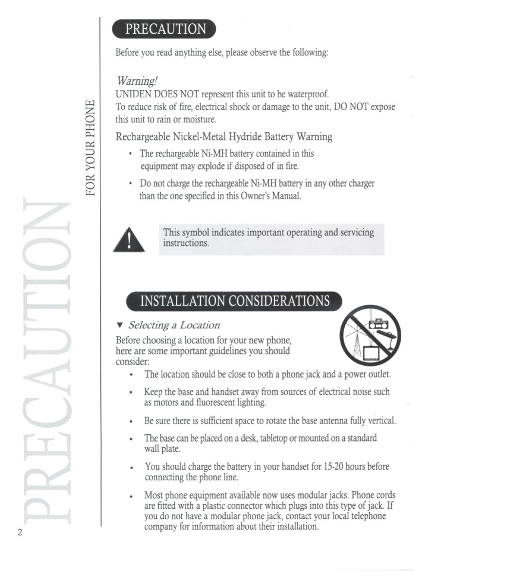 Uniden DS70 manual Precaution, wallplate, Beforeyoureadanythingelse,pleaseobservethefollowing, Installationconsiderations 
