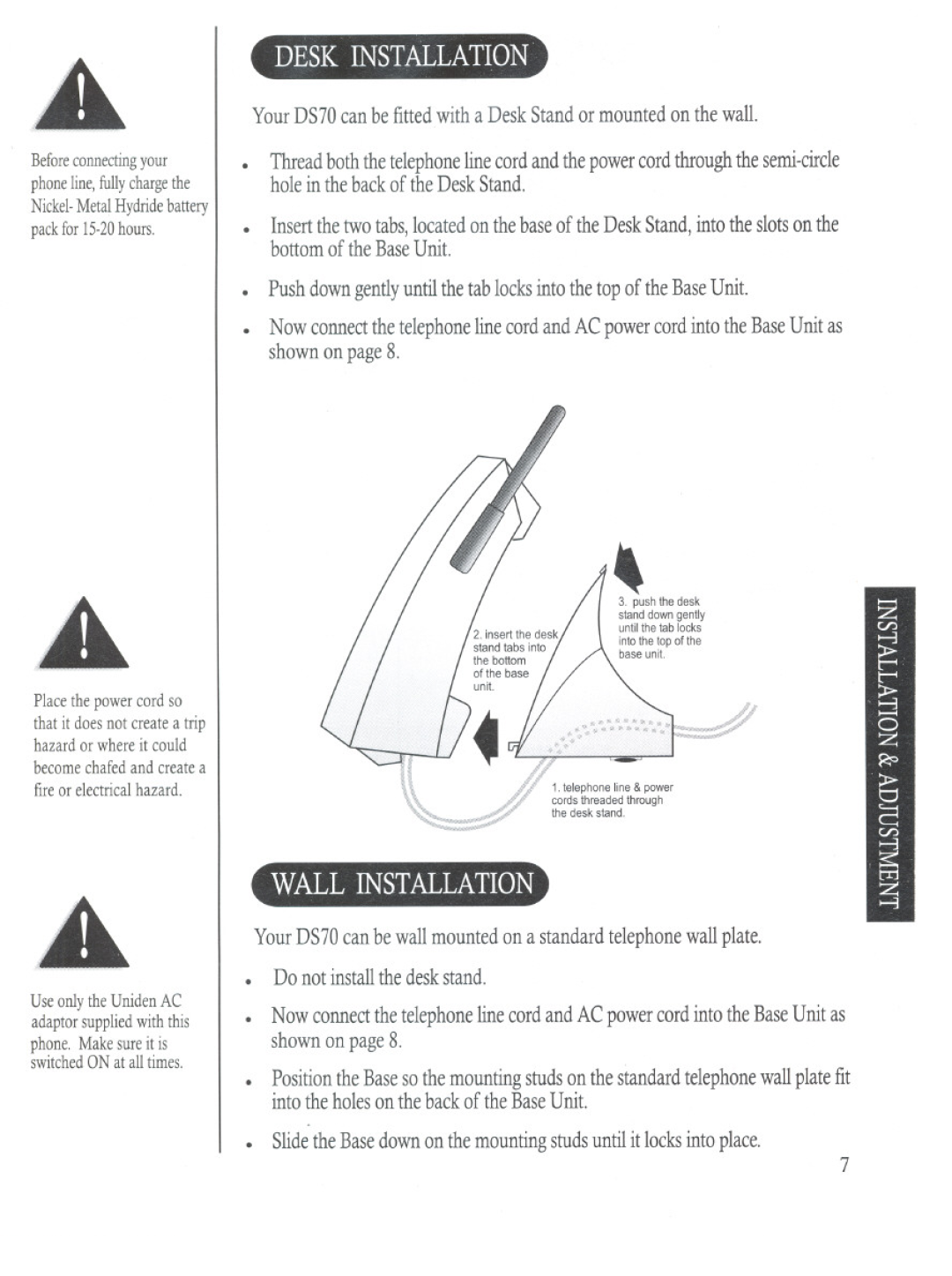 Uniden DS70 manual Wallinstallation, Desk Installation 