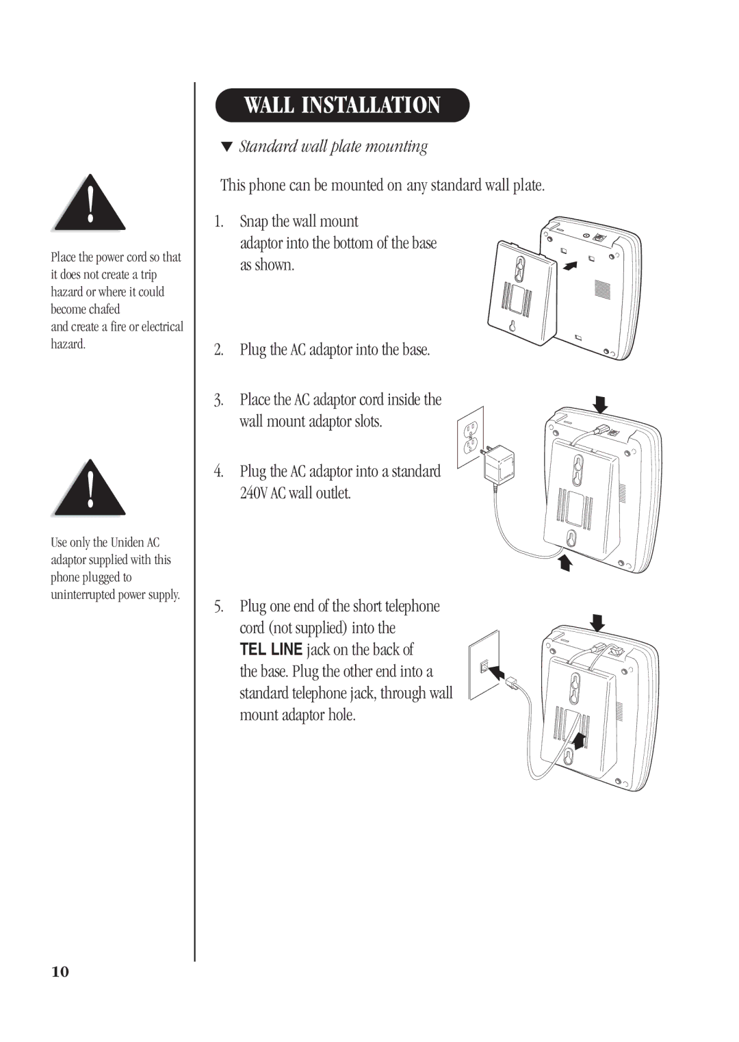 Uniden DS71 manual Wall Installation, Standard wall plate mounting, Plug the AC adaptor into a standard 240V AC wall outlet 