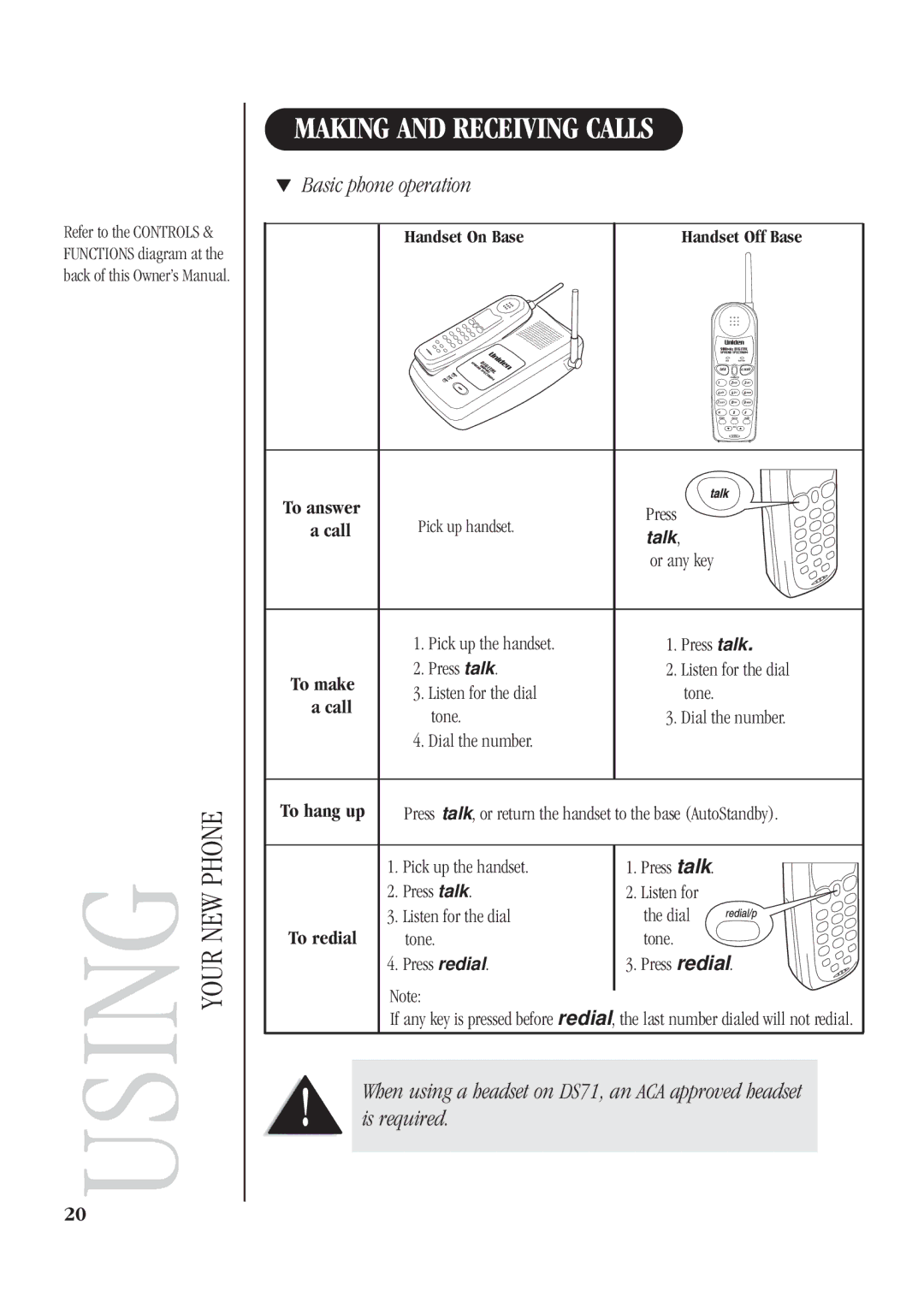 Uniden DS71 manual Using, Making and Receiving Calls, Basic phone operation 