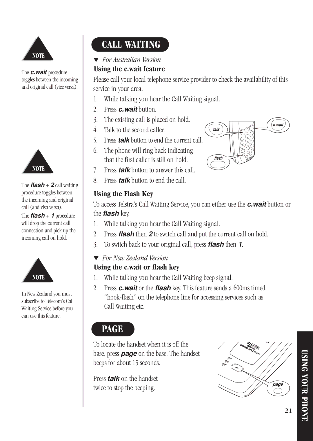 Uniden DS71 manual Call Waiting, For Australian Version, Talk to the second caller, For New Zealand Version 