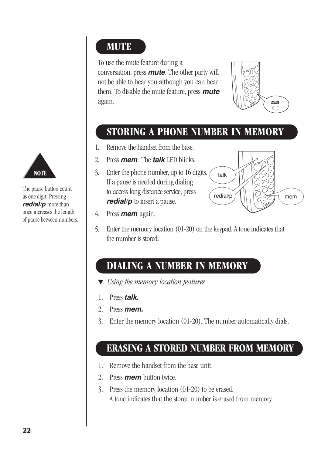 Uniden DS71 manual Mute, Dialing a Number in Memory, Press mem . The talk LED blinks, Press mem again 