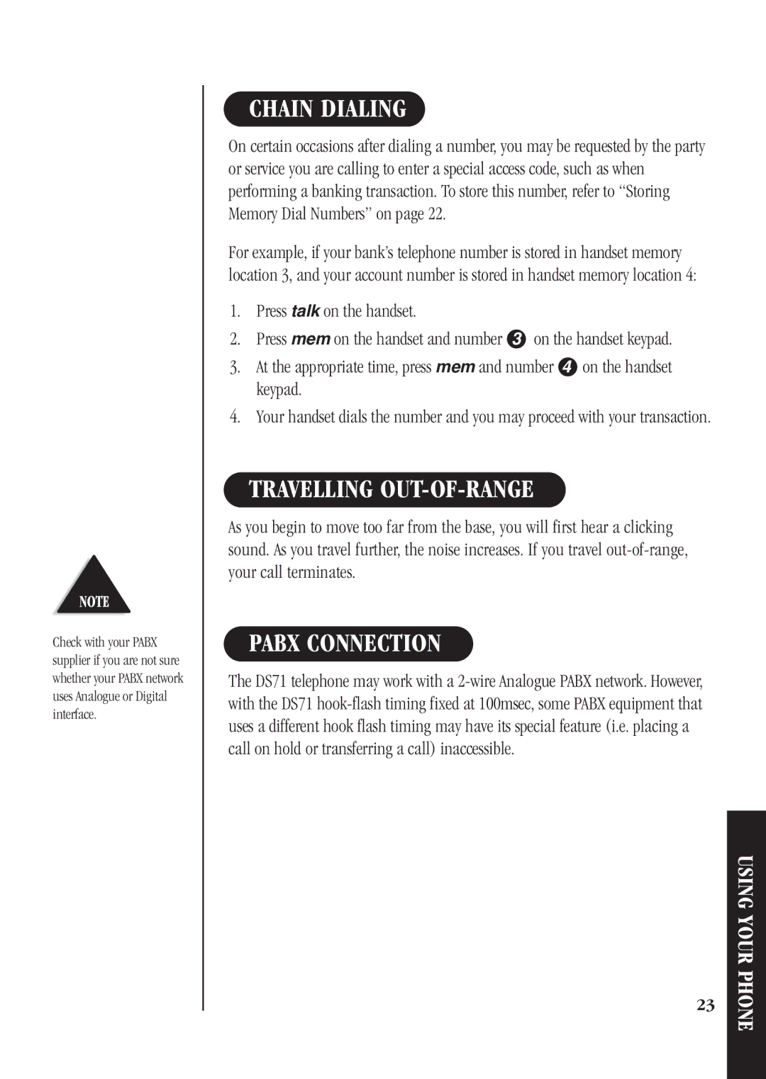 Uniden DS71 manual Chain Dialing, Travelling OUT-OF-RANGE, Pabx Connection 