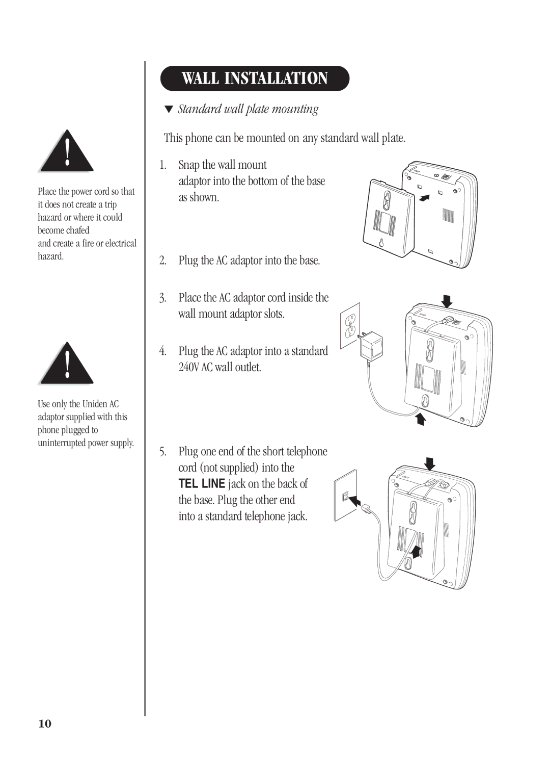 Uniden DS72 manual Wall Installation, Standard wall plate mounting 