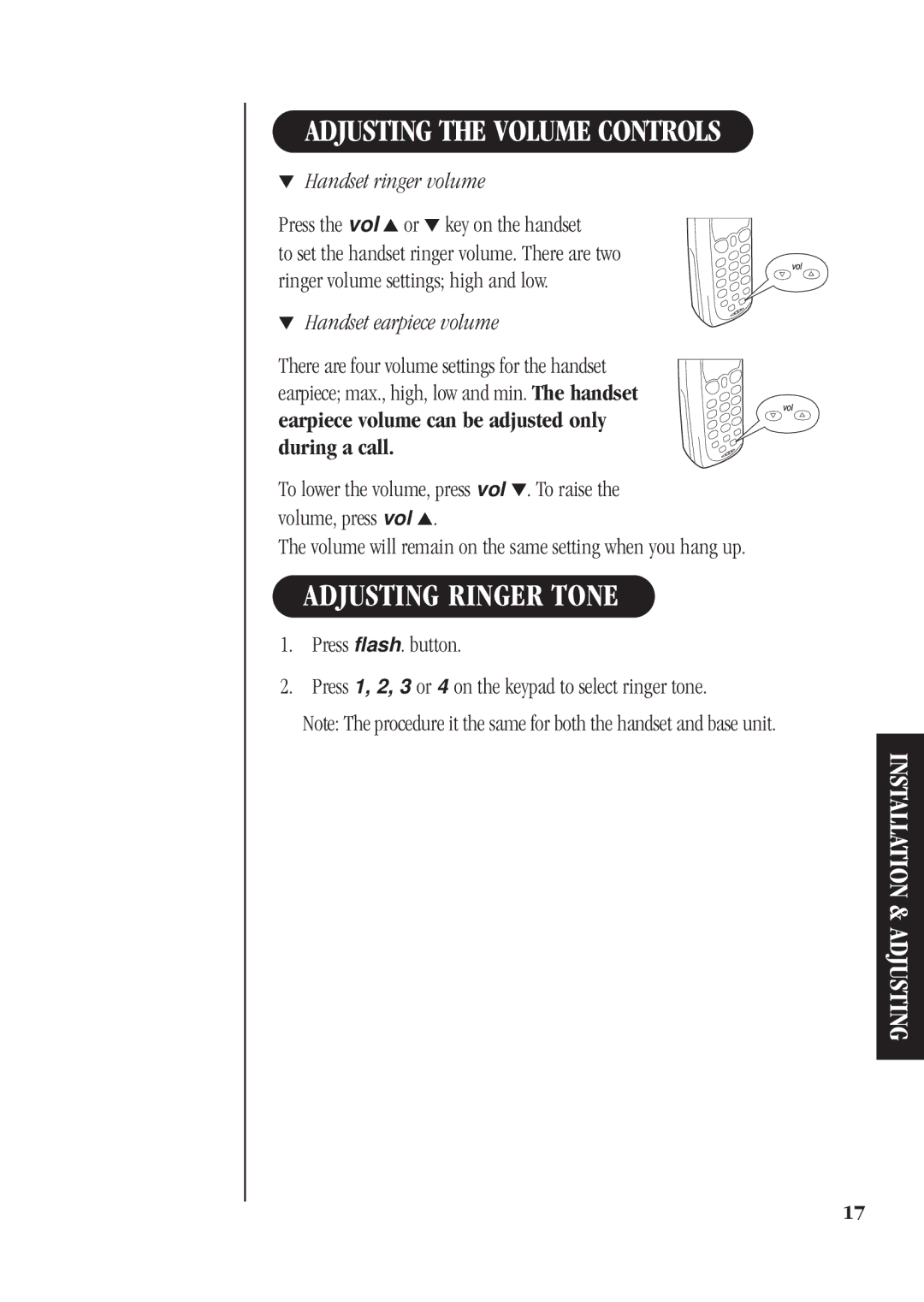 Uniden DS72 manual Adjusting the Volume Controls, Adjusting Ringer Tone, Handset ringer volume, Handset earpiece volume 