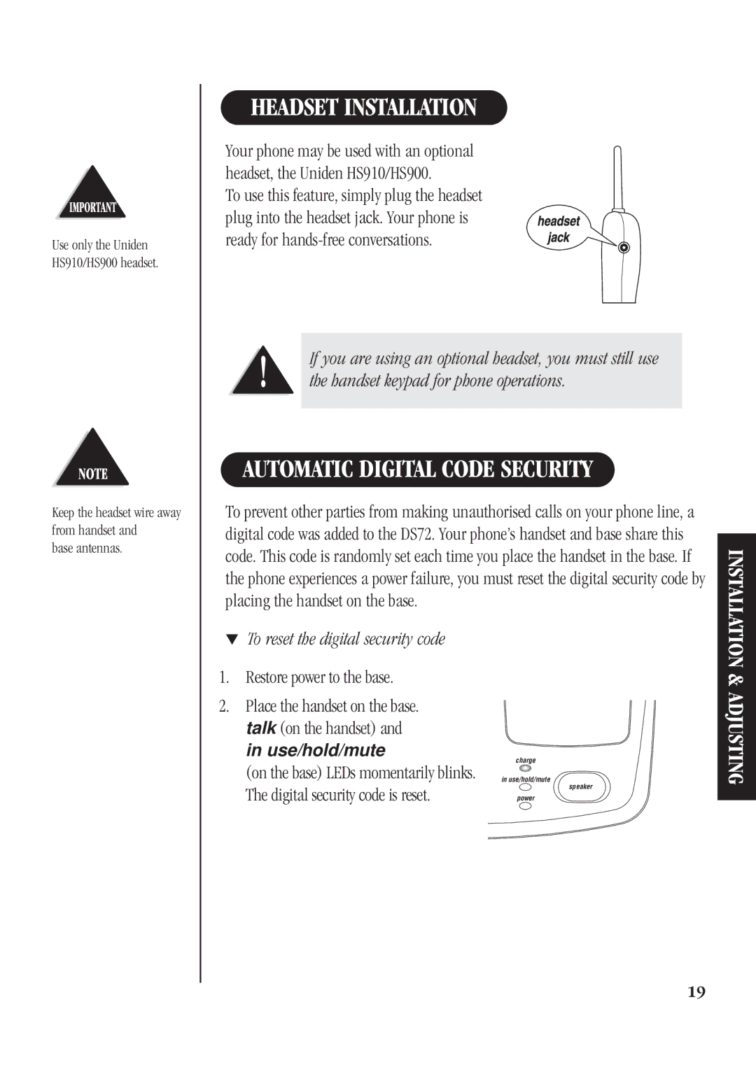 Uniden DS72 manual Headset Installation, Automatic Digital Code Security, To reset the digital security code 