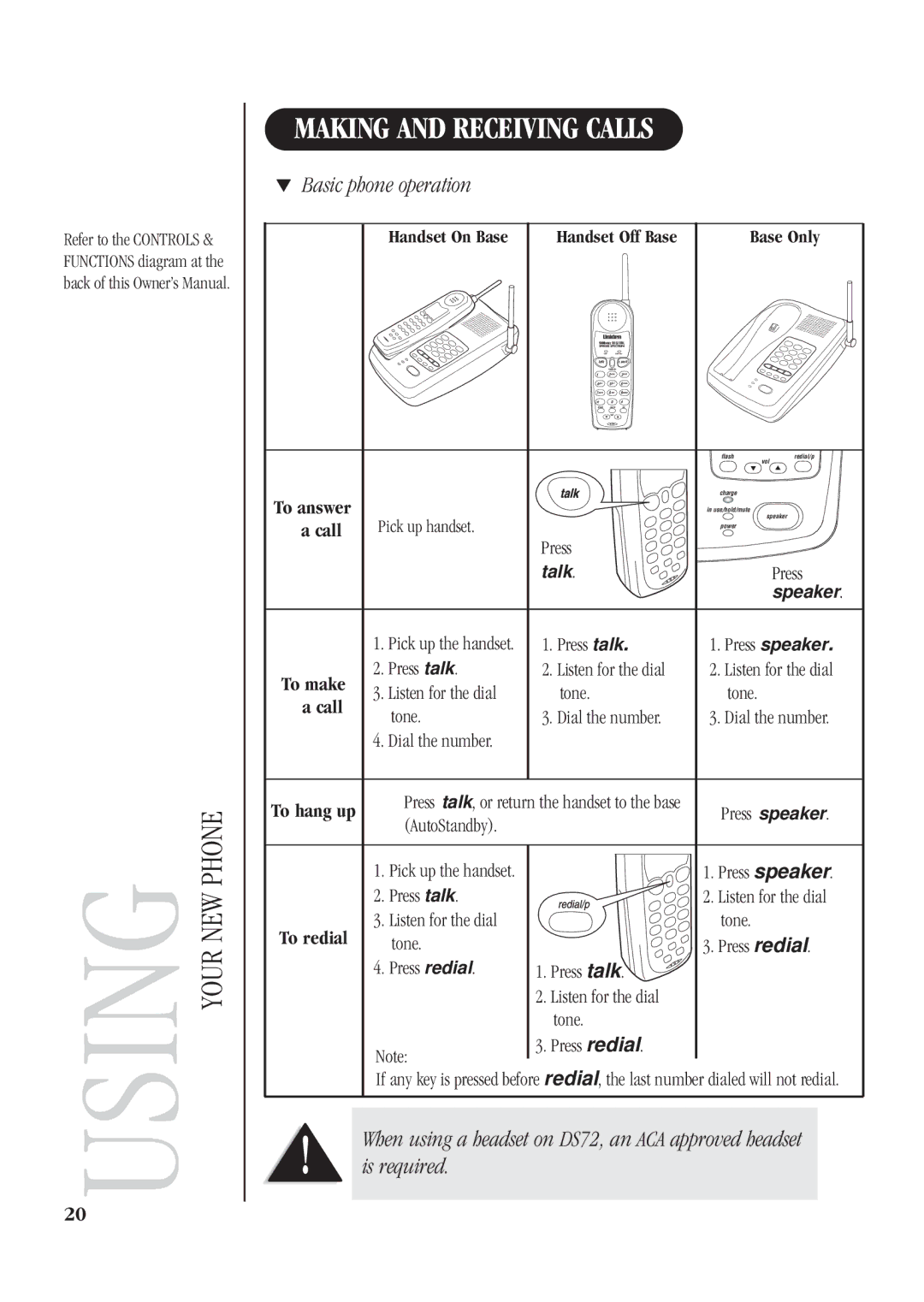 Uniden DS72 manual Using, Making and Receiving Calls, Basic phone operation 