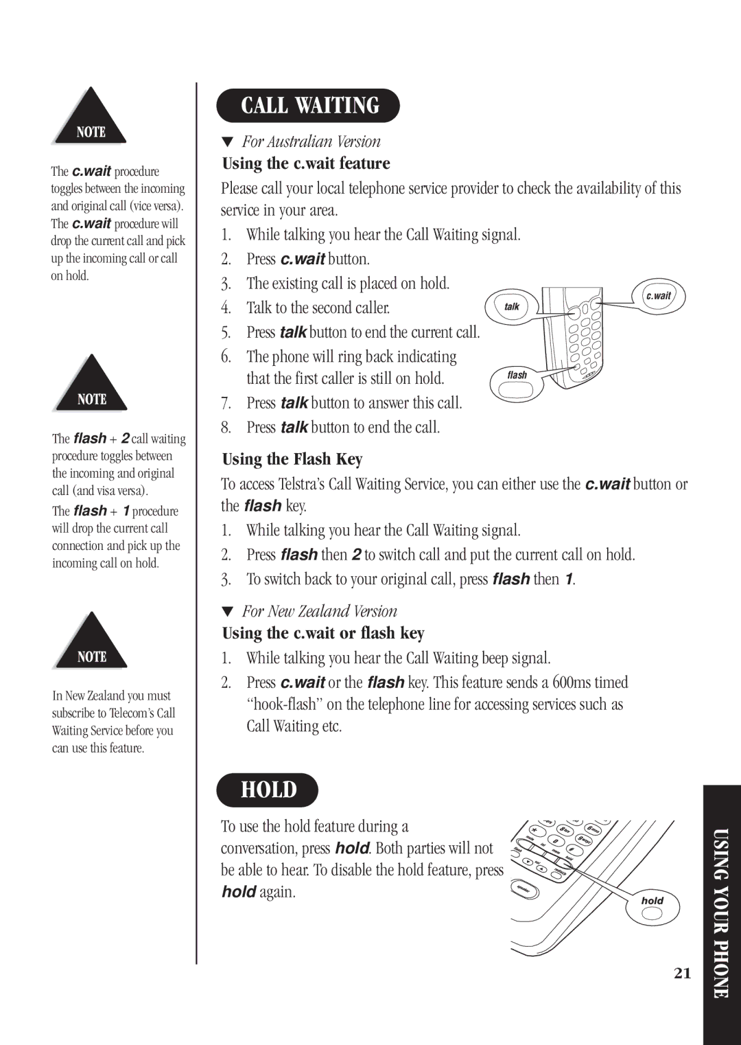 Uniden DS72 manual Call Waiting, Hold, For Australian Version, For New Zealand Version 