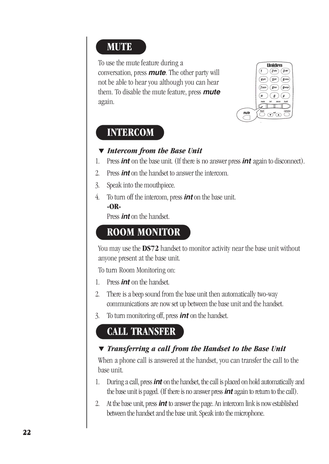 Uniden DS72 manual Mute, Intercom, Room Monitor, Call Transfer 