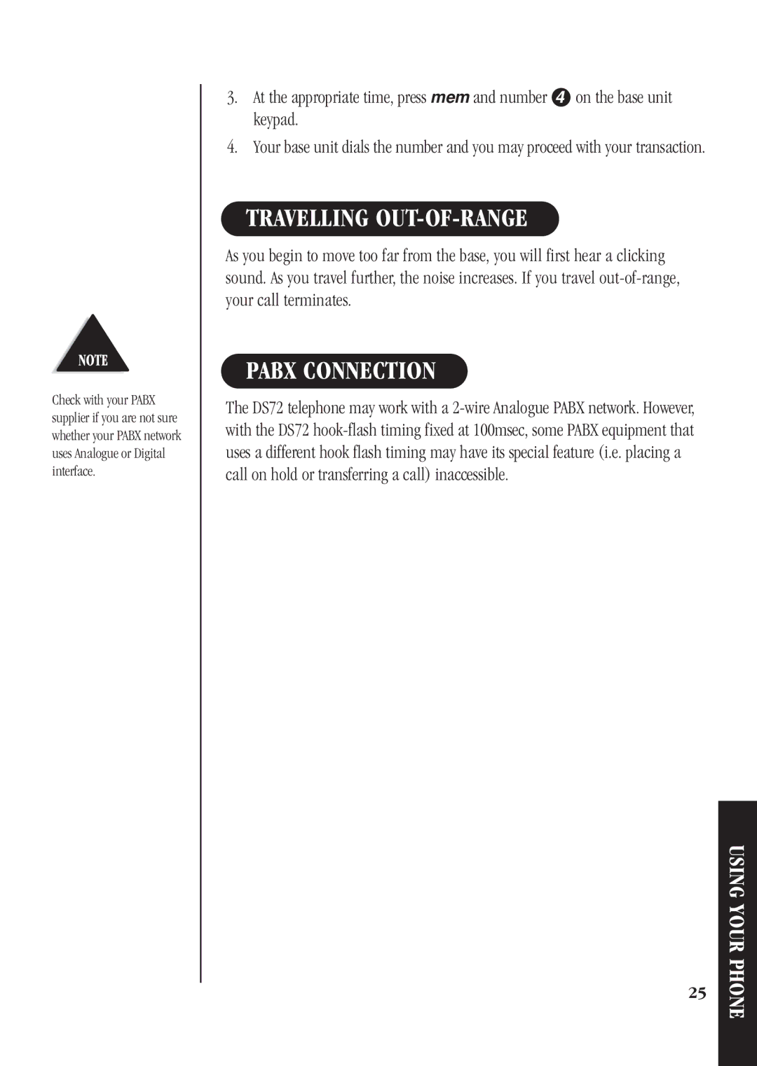 Uniden DS72 manual Travelling OUT-OF-RANGE, Pabx Connection 