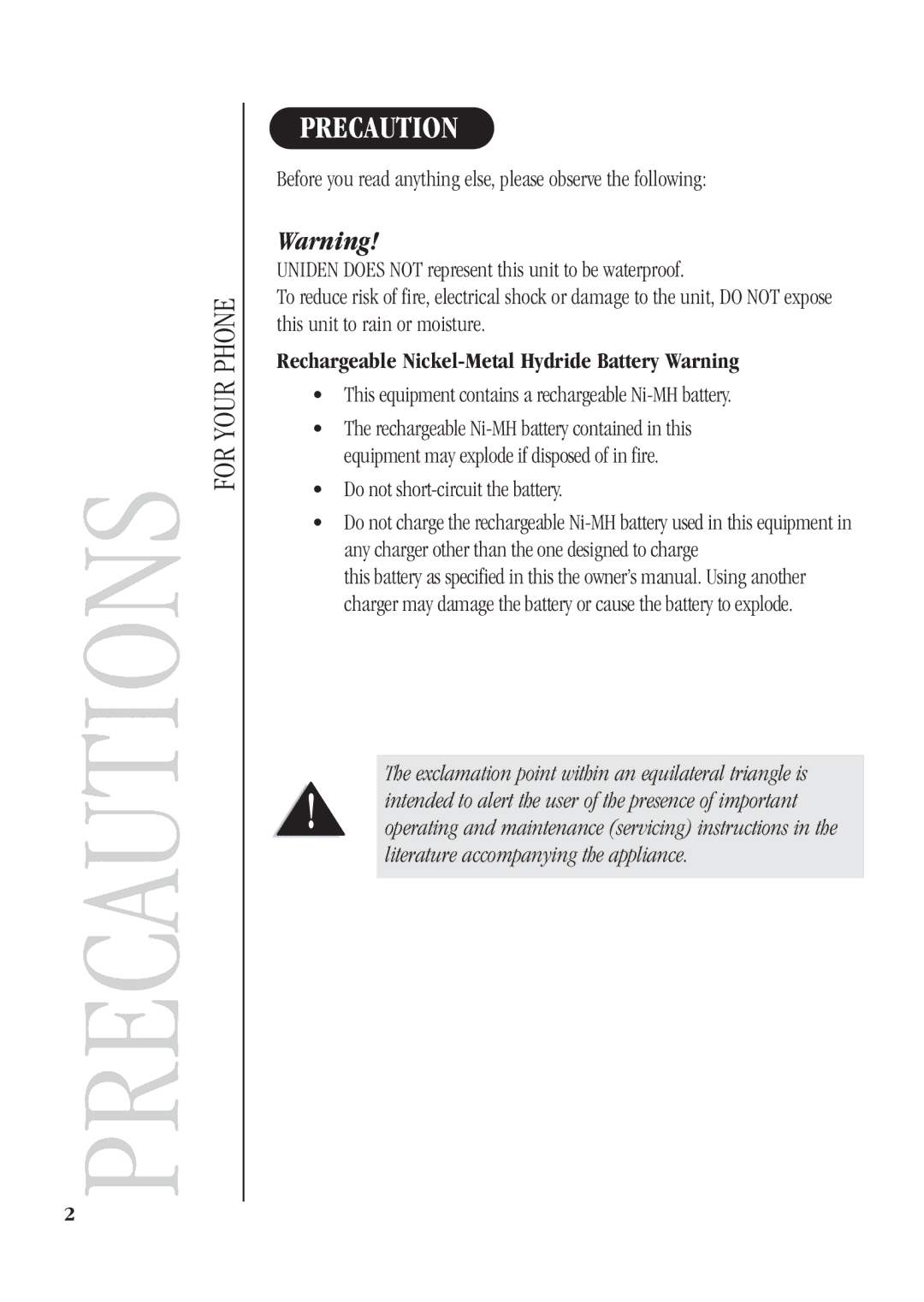 Uniden DS72 manual Precautions 