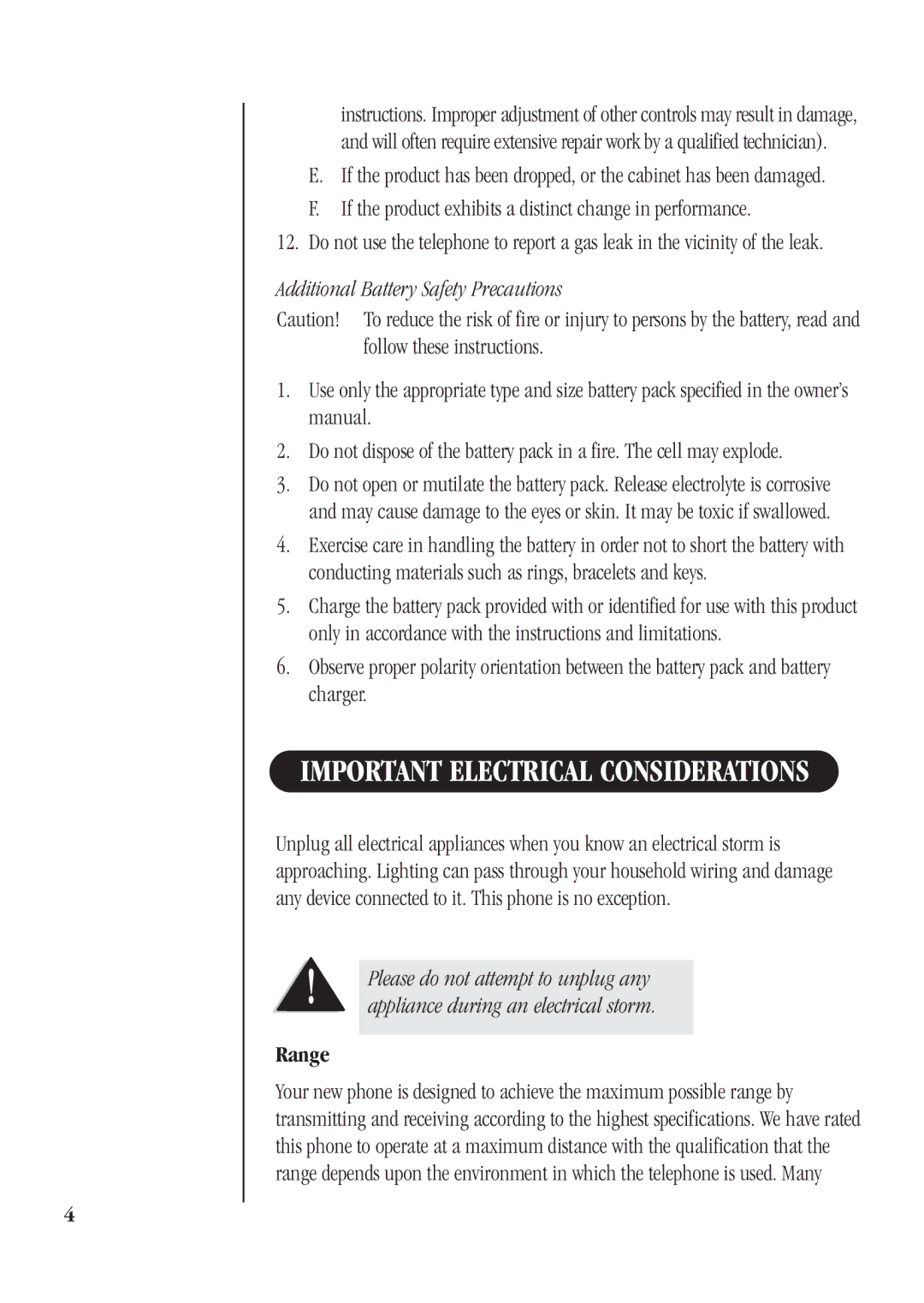 Uniden DS72 manual Important Electrical Considerations, Additional Battery Safety Precautions 