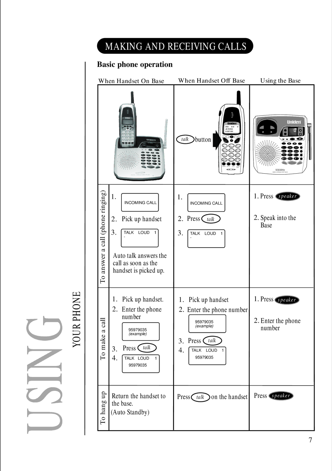 Uniden DS845 quick start Making and Receiving Calls, Basic phone operation, Talk button, To answer a call phone ringing 