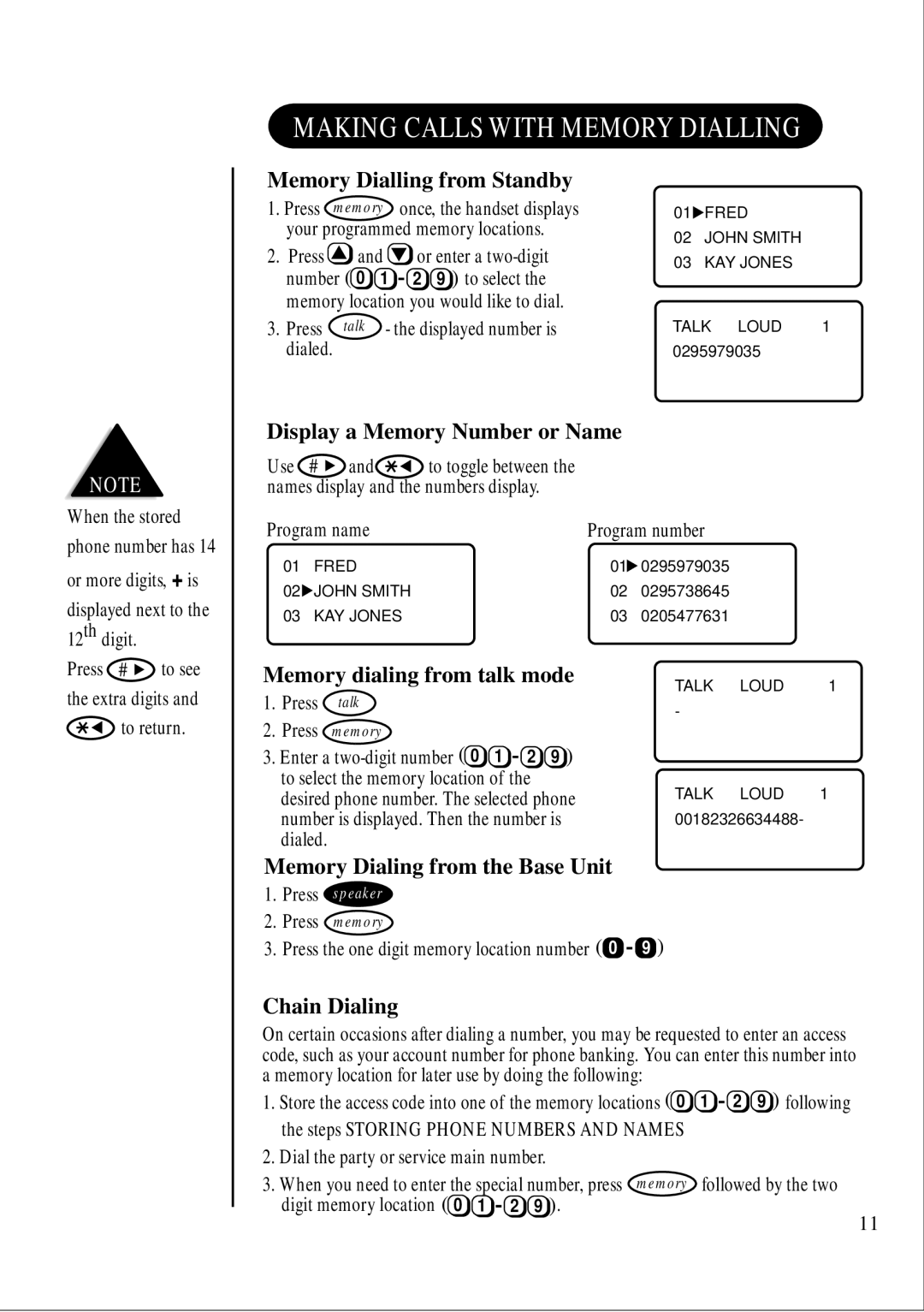 Uniden DS845 Memory Dialling from Standby, Display a Memory Number or Name, Memory dialing from talk mode, Chain Dialing 