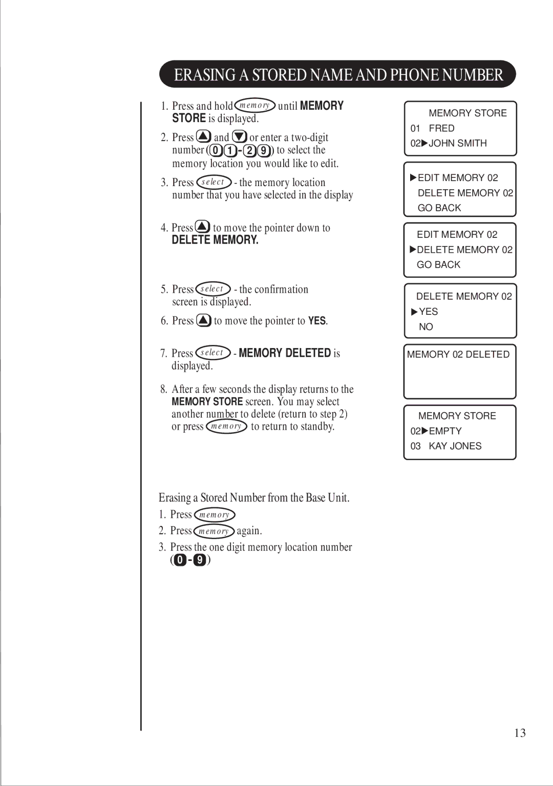 Uniden DS845 quick start Erasing a Stored Number from the Base Unit, Memory location you would like to edit 