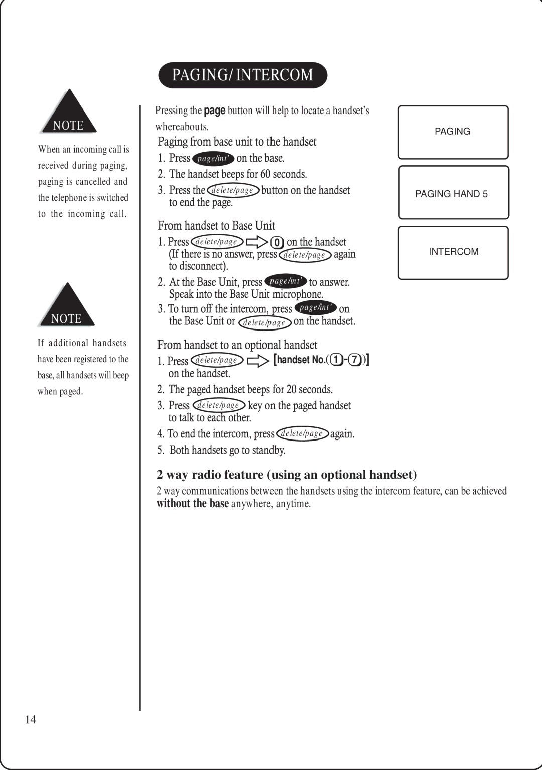 Uniden DS845 quick start Paging/Intercom, Way radio feature using an optional handset 