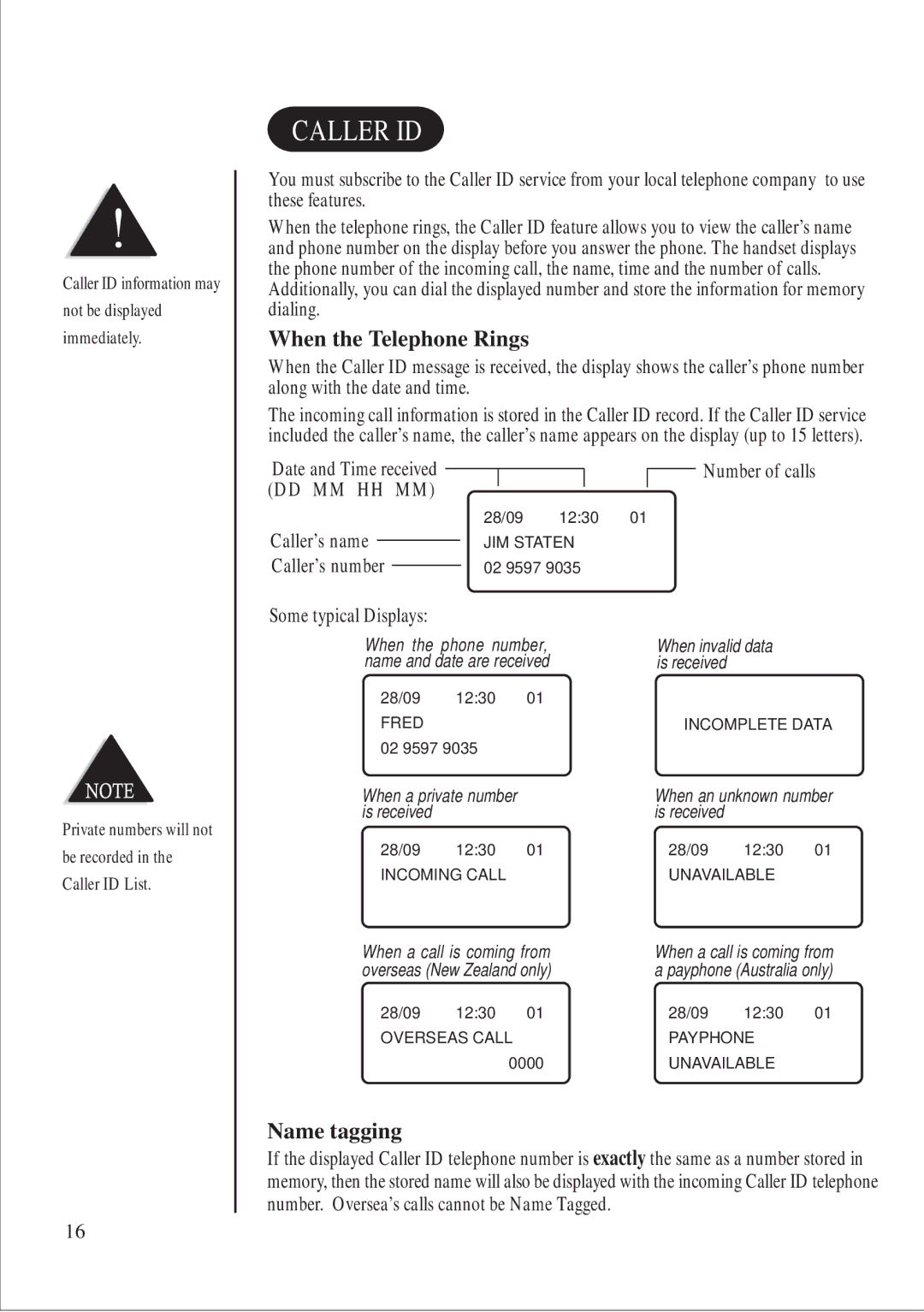 Uniden DS845 quick start Caller ID, When the Telephone Rings, Name tagging 