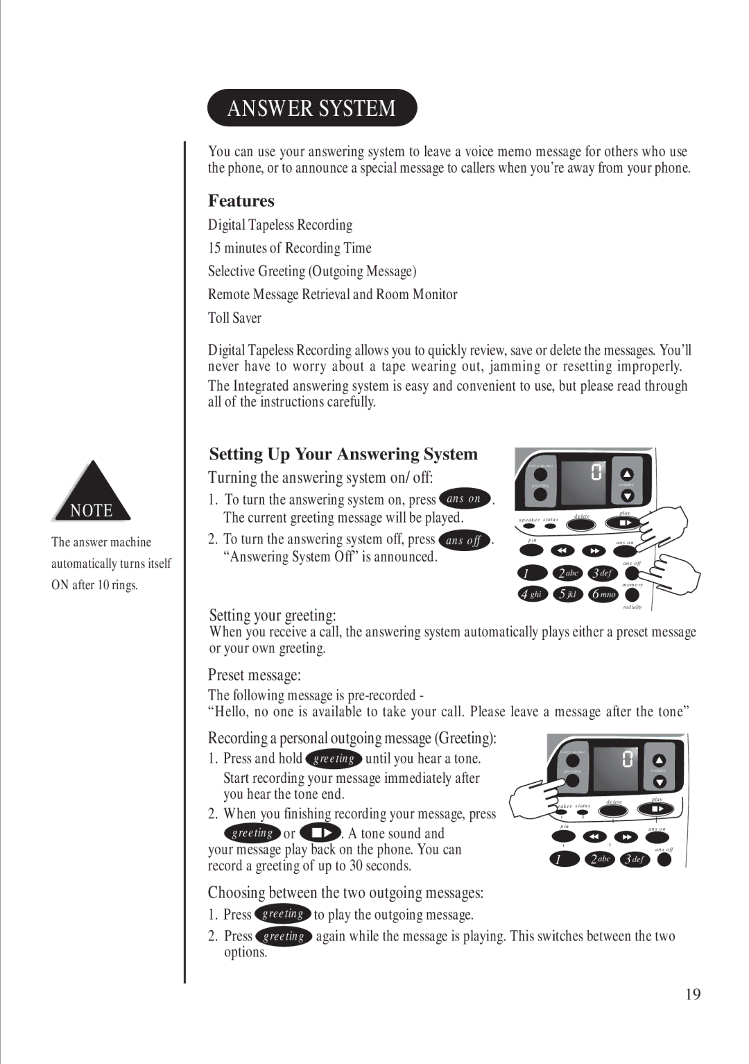 Uniden DS845 quick start Answer System, Features, Setting Up Your Answering System 