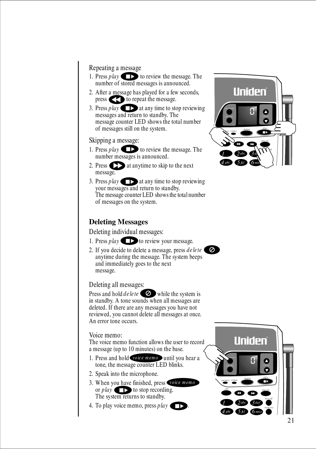 Uniden DS845 quick start Deleting Messages 