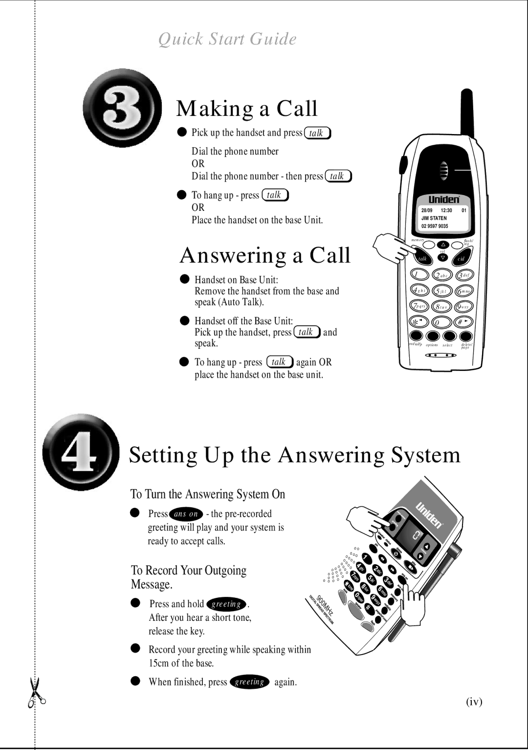 Uniden DS845 quick start To hang up press talk, Place the handset on the base Unit, Handset on Base Unit, Speak 