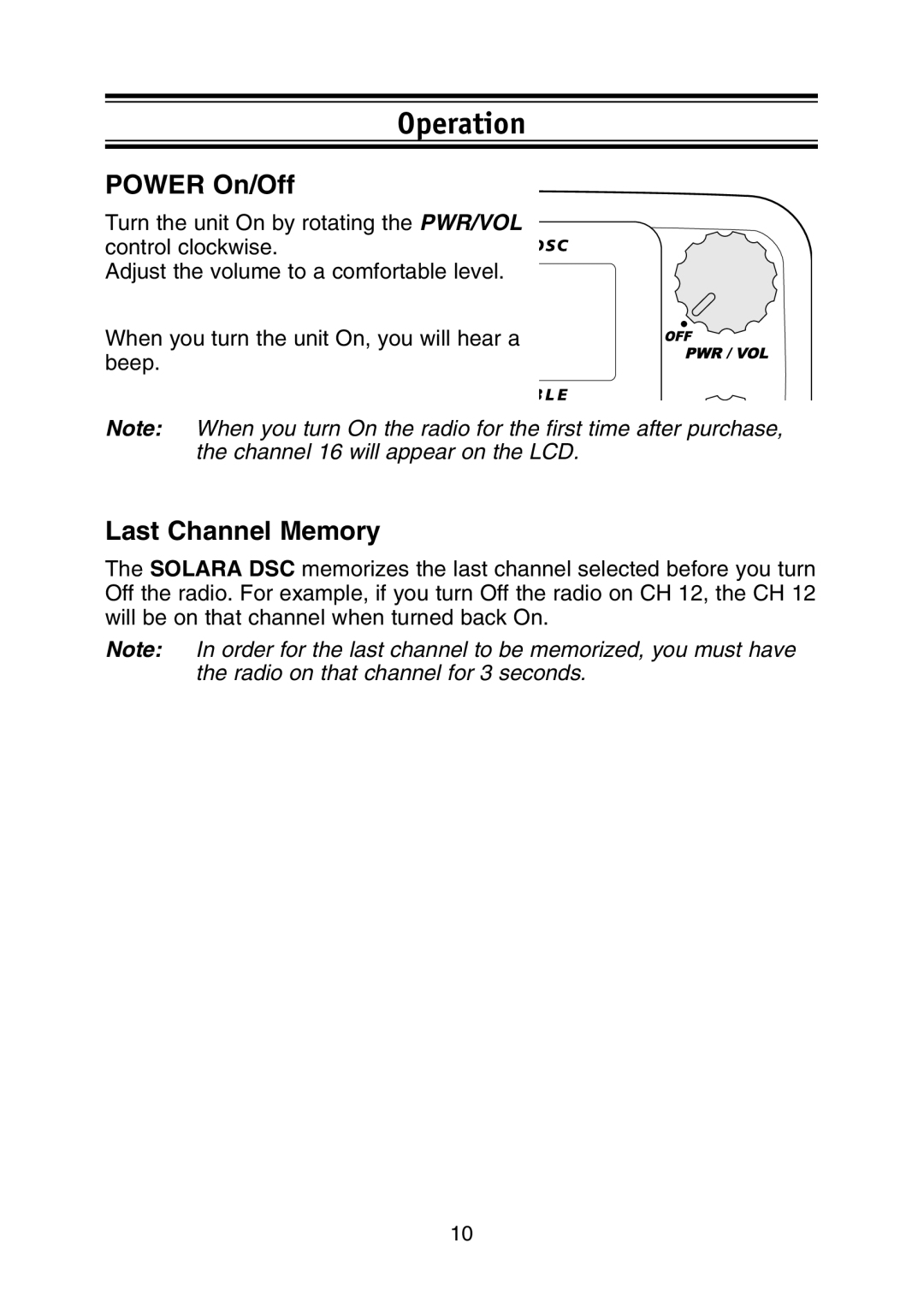 Uniden DSC BK manual Operation, Power On/Off, Last Channel Memory 