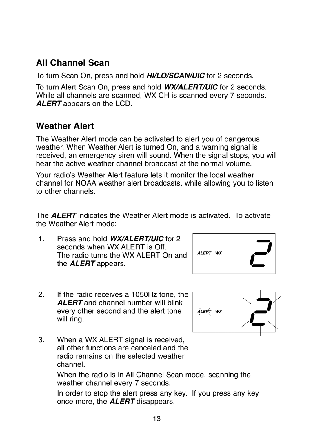 Uniden DSC BK manual All Channel Scan, Weather Alert 